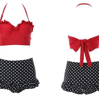 Cute Polka Dot Halter Swimwear Bkini Set - Black..