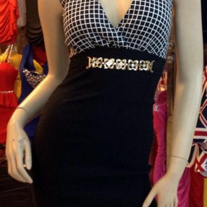 Sexy Club V Neck Black Paid Dress With Sequins