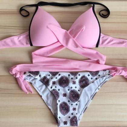 Sexy Cross Bikini Sets Swimsuit - Pink