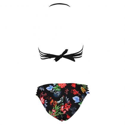 Black Floral Print Two-piece Bikini With Halter..