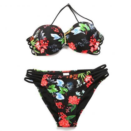 Black Floral Print Two-piece Bikini With Halter..