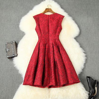 Red Elegant Round Neck Sleeveless Jacquard Dress