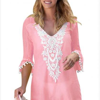 Fashion V Neck Beach Cover Up - Pink
