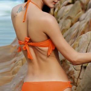 Designer Tassel Decoration Bikini Set - Orange