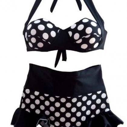 Girls Black Polka Dot Halter Design Bikini Set