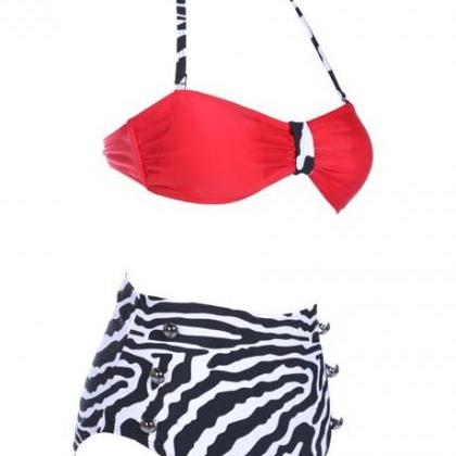 Fashion Shiny Red Tops With Zebra Thong Suit..