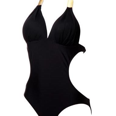 Sexy Halter Cutout Waist Monokini - Black