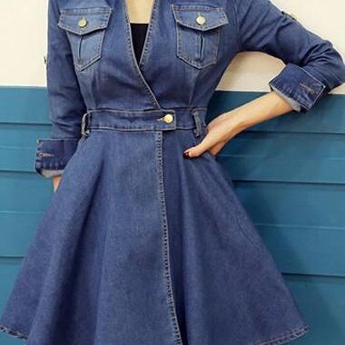 Fashion Turndown Collar Blue High Waist Mini Dress