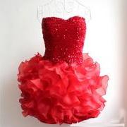 Sequins Falbala Short Strapless Dress Evening Dress Party Dress Dancing Dress - Red
