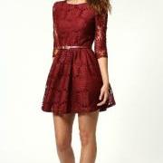 New Fashion Elegant Lace Dress With Belt - Wine Red