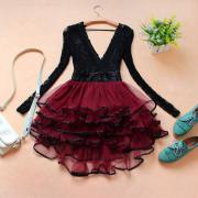 Sweet Lace V-neck Long-sleeve Princess Dress - Wine Red