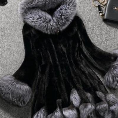 High Quality Women's Winter Faux Fur Coat Long Color Block Plus Size - Black