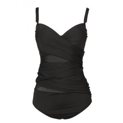 Sexy Mesh Splicing V Neck One Piece Swimsuit - Black