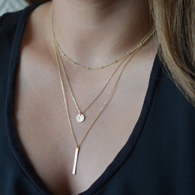 Woman Triple Chain Metal Strip Necklace - Golden