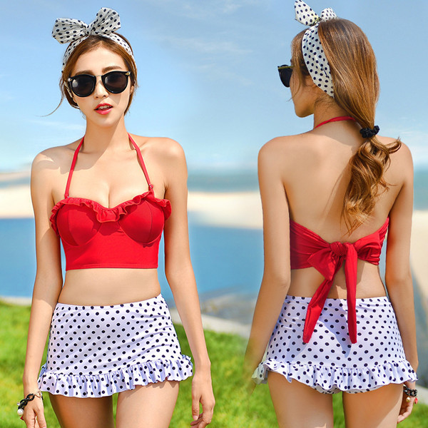 Cute Polka Dot Halter Swimwear Bkini Set - White & Red
