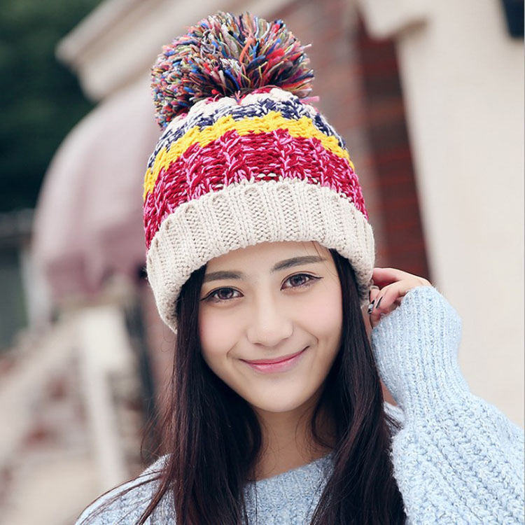 Women Color Block Cute Hat Knitted Cap With Elasticity - Beige