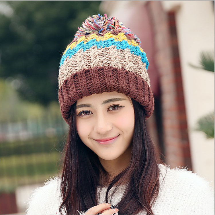 Women Color Block Cute Hat Knitted Cap With Elasticity - Coffee