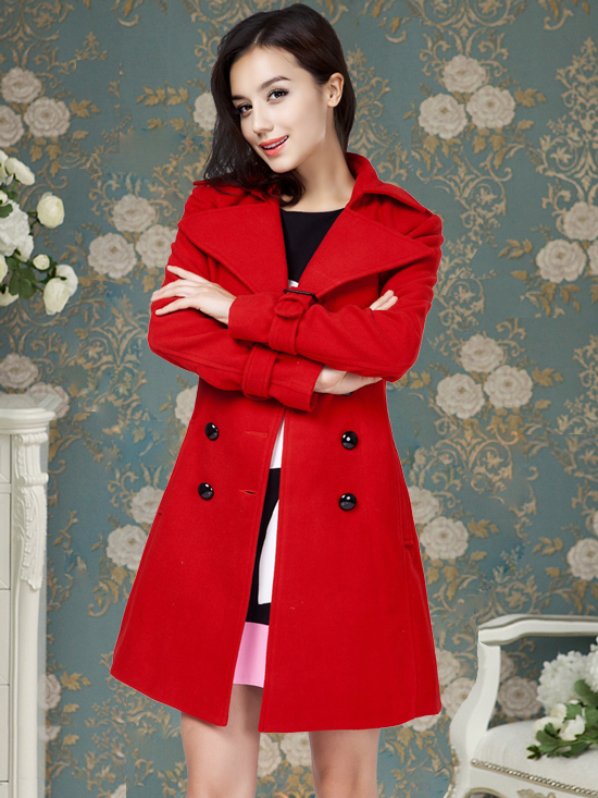 Designer Good Quality Red Double Breasted Wool Coat With Belt