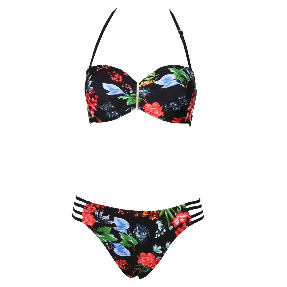 Black Floral Print Two-piece Bikini With Halter Strap Top And Bottom With Cutout Detailing