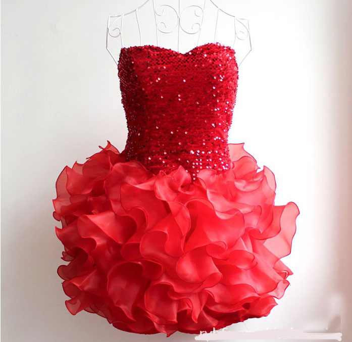 Sequins Falbala Short Strapless Dress Evening Dress Party Dress Dancing Dress - Red
