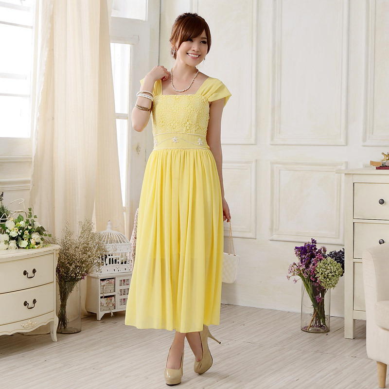 Women Chiffon Sleeveless Evening Dress Wedding Bridesmaid Dress - Yellow