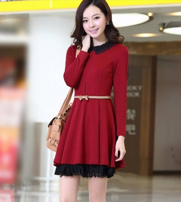Nice Women's Long Sleeve Dress With Belt- Wine Red on Luulla