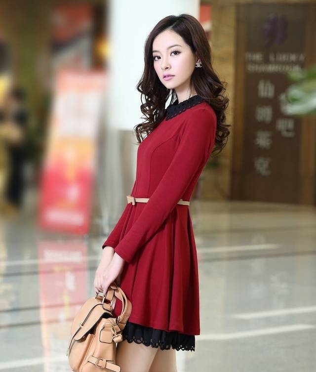 Nice Women's Long Sleeve Dress With Belt- Wine Red on Luulla