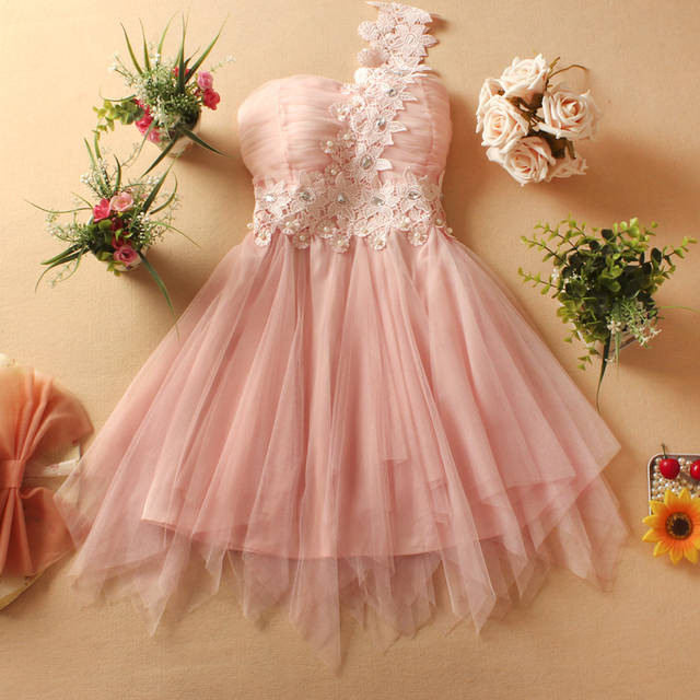 Cute One-shoulder Diamond Mini Evening Party Prom Bridesmaid Wedding Dress - Pink