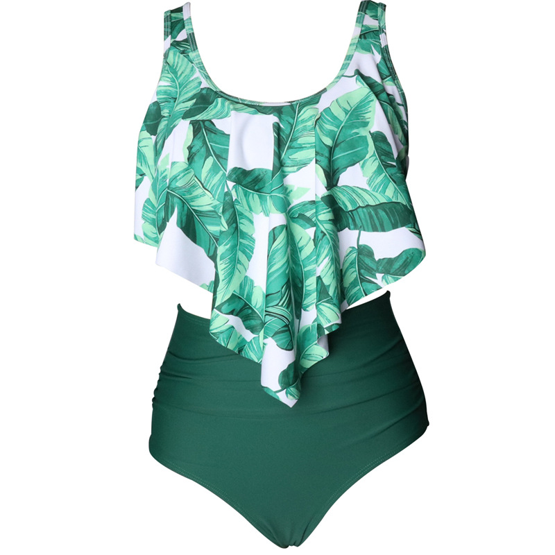 Swimsuit Print Floral Swimwear High Waist Swiming Suits - Green