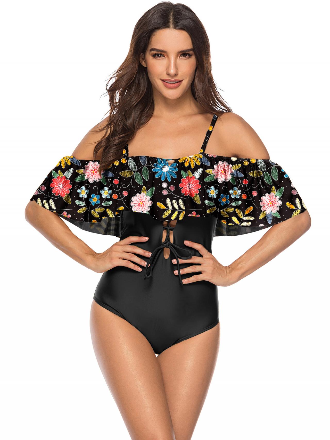 Off The Shoulder Patchwork Print One Piece Swimwear