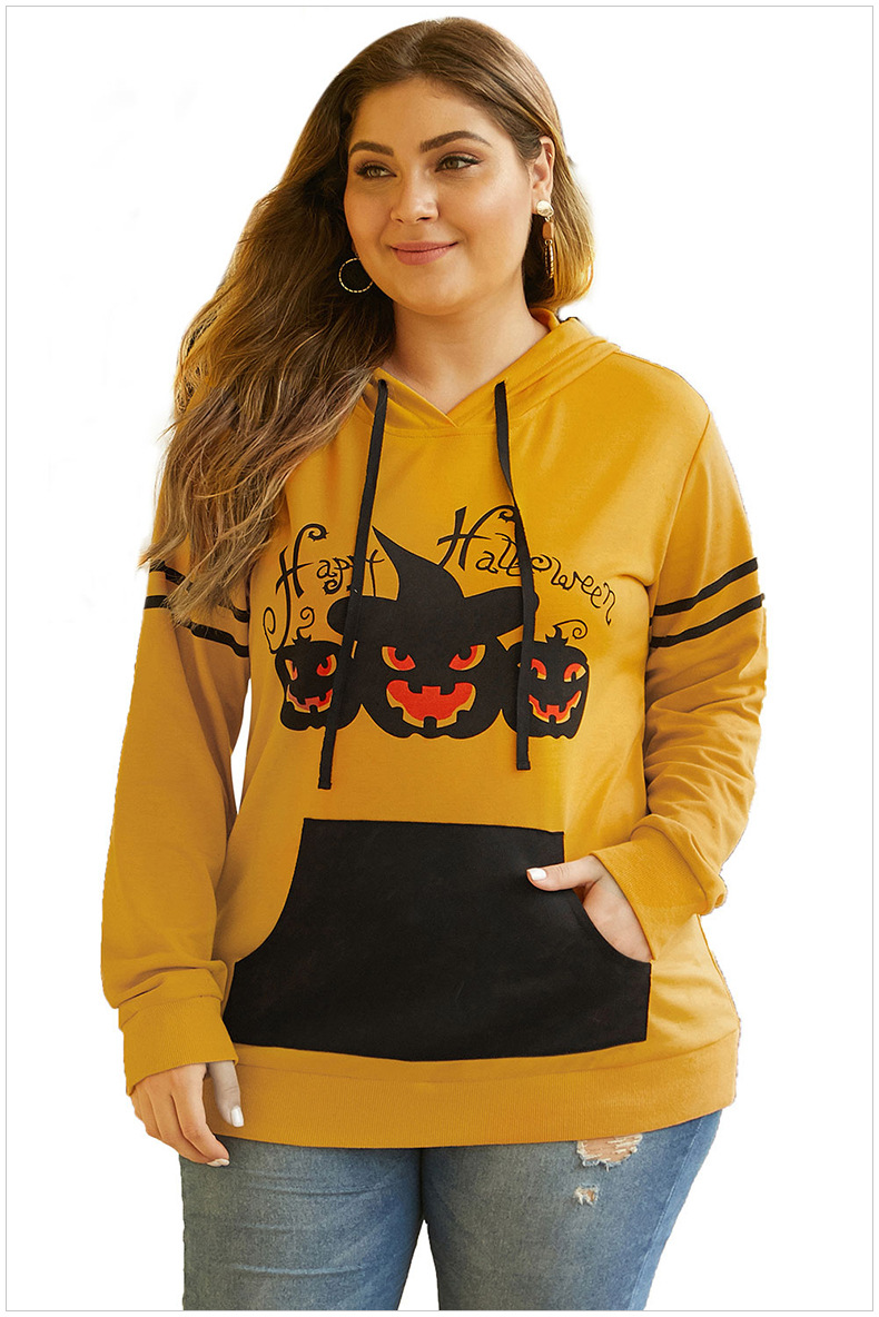 Plus Size Pumpkin Pattern Long Sleeve Pocket Halloween Hooded Shirt