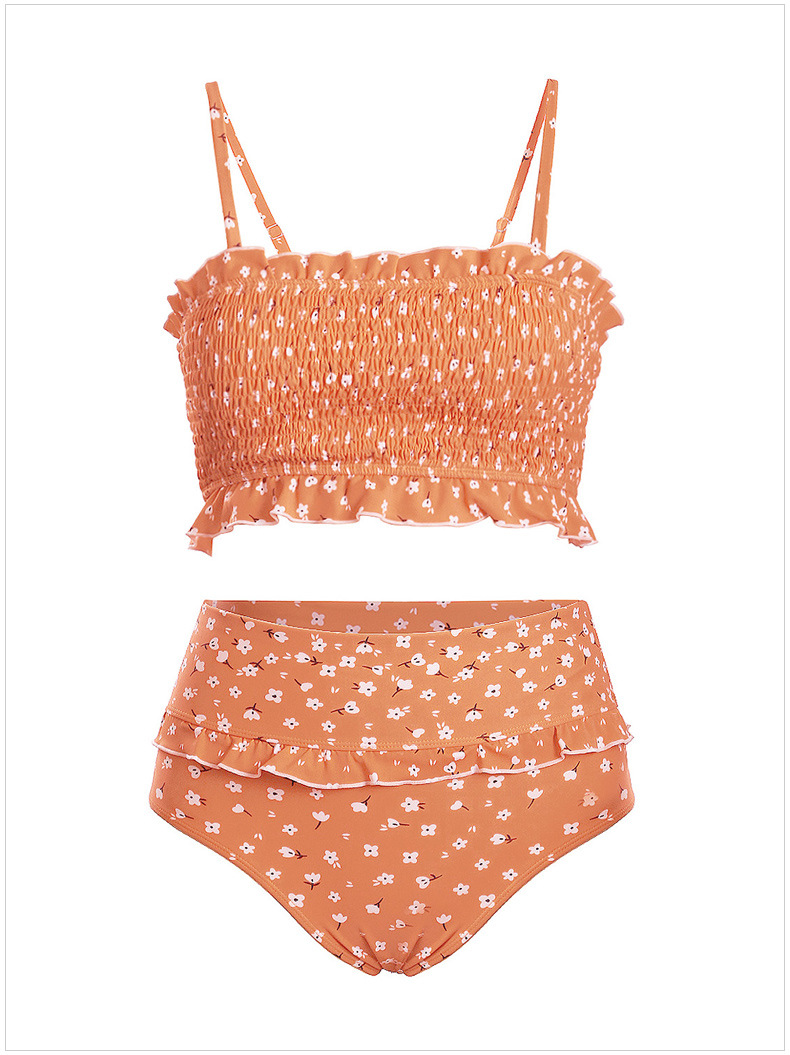 High Quality Floral Print Crop Top Bikini Set - Orange