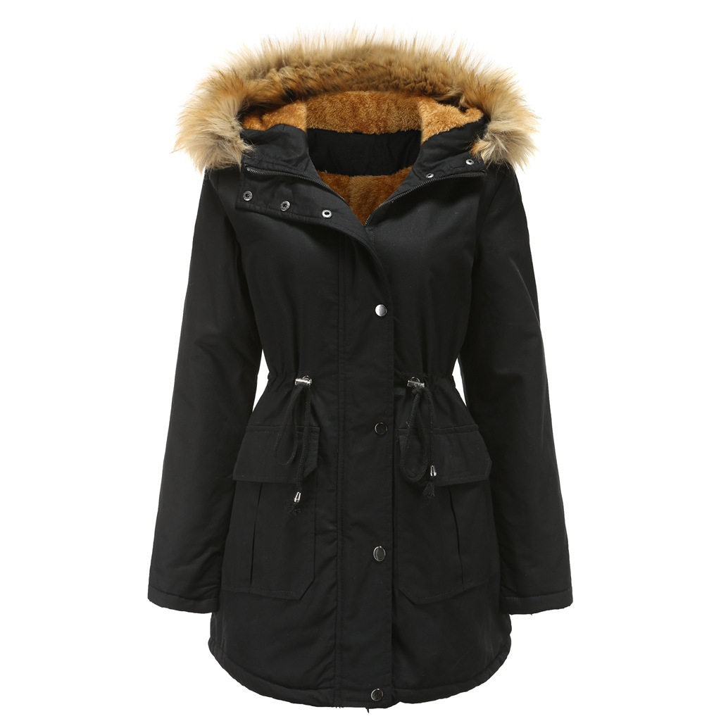 High Quality Faux Fur Collar Long Winter Coat - Black