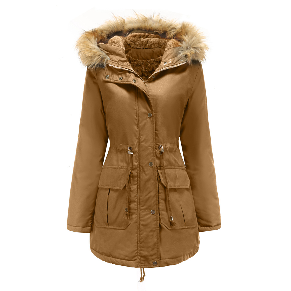High Quality Faux Fur Collar Long Winter Coat - Khaki