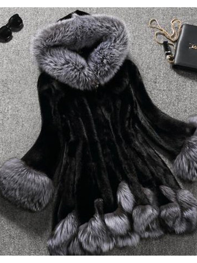 High Quality Women's Winter Faux Fur Coat Long Color Block Plus Size - Black