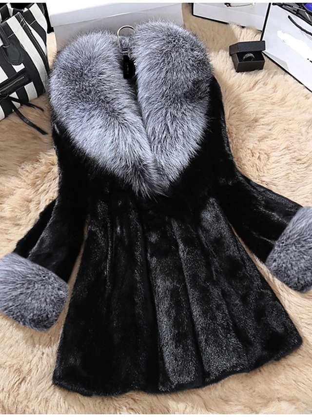 Women's Fall & Winter Open Front V Neck Faux Fur Coat Long Solid Colored Daily Basic Fur Trim Faux Fur - Black