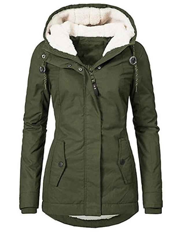 High Quality Women's Fall Winter Parka Parka Solid Colored Long Faux Shearling Long Sleeve Coat - Army Green