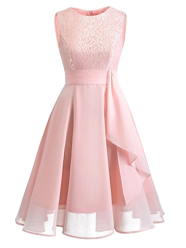 Women's Chiffon Dress Knee Length Dress - Sleeveless Solid Colored Lace Summer Sophisticated Holiday Going Out Slim Pink