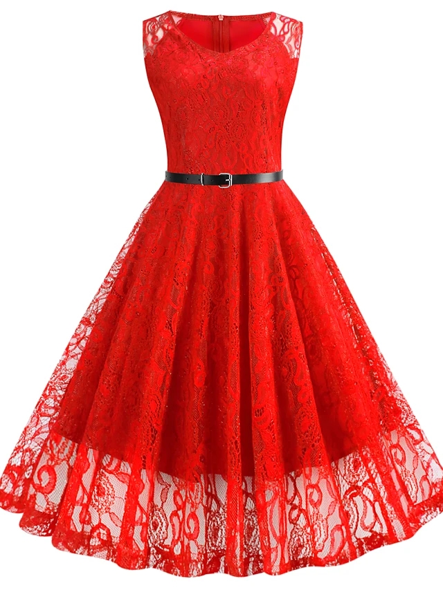 High Quality Women's Sleeveless Solid Color Lace Fall Sexy Sheath Knee Length Dress - Red