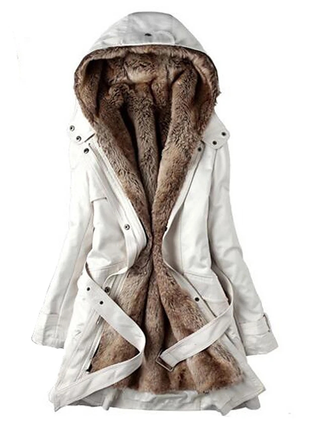 High Quality Women's Winter Parka Parka Casual / Daily Solid Colored Long Cotton Long Sleeve Hooded - White