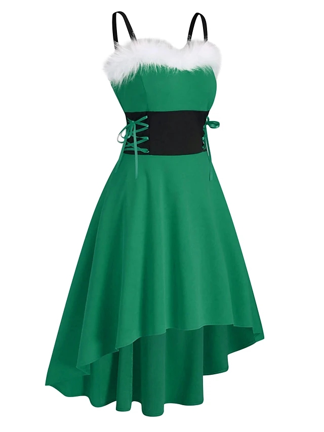 Sleeveless Solid Color Lace Up Patchwork Winter Casual Christmas Dress - Green