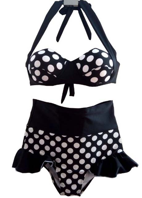 Girls Black Polka Dot Halter Design Bikini Set