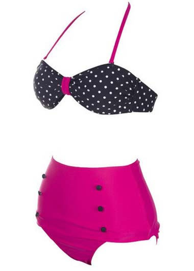 Dot Printed Bra With Rose High Waist Thong Suit