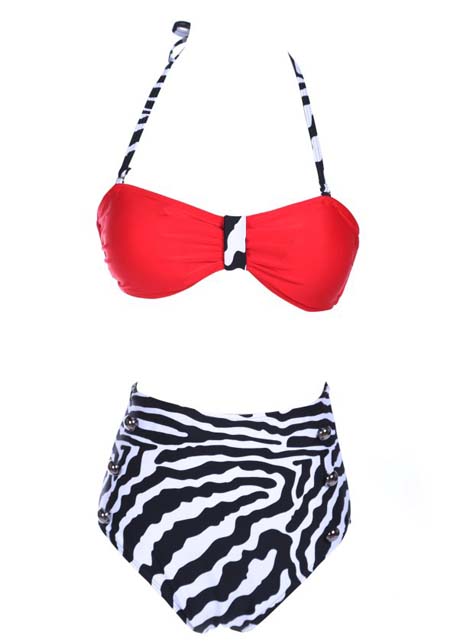 Fashion Shiny Red Tops With Zebra Thong Suit Swimwear