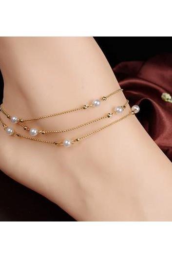 Free Shipping Faux Pearl Embellished Gold Metal Layered Anklet
