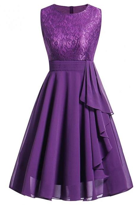 Women's Chiffon Dress Knee Length Dress - Sleeveless Solid Colored Lace Summer Hot Sophisticated Holiday Going out Slim Purple