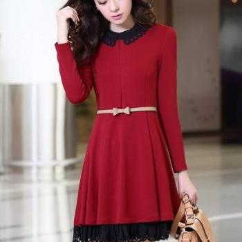 Nice Women's Long Sleeve Dress With Belt- Wine Red on Luulla